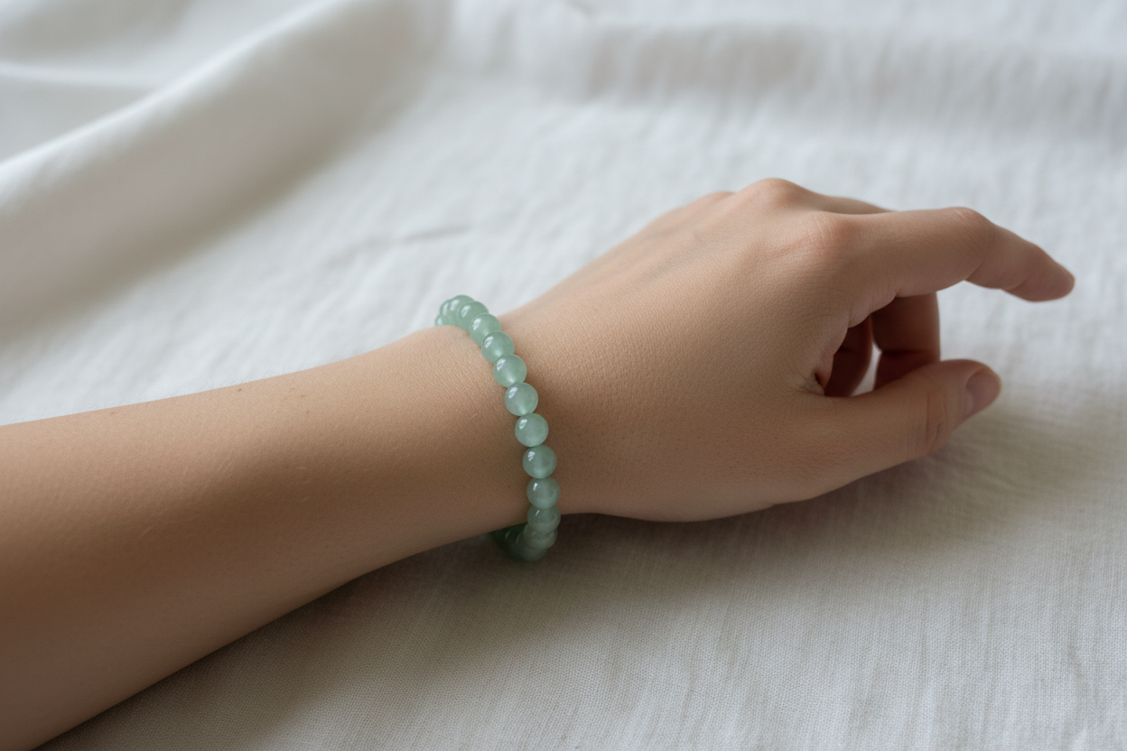 Bracelet jade porté - fond lin blanc