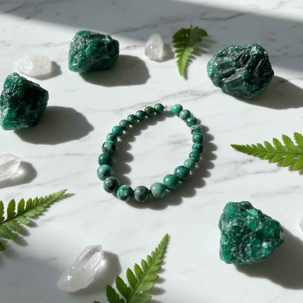Bracelet émeraude flat lay avec cristaux