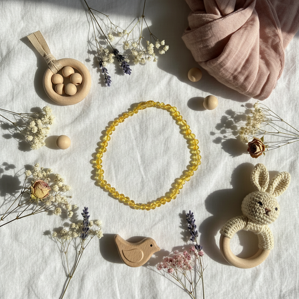 Collier ambre bébé – mise en scène