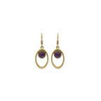 Gold oval earrings with garnet stones — studio white background