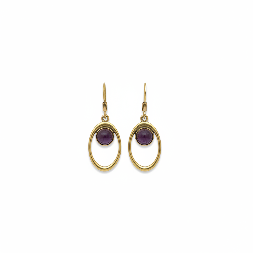 Gold oval earrings with garnet stones — studio white background