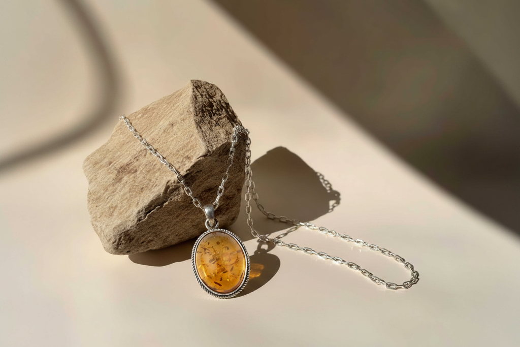 Pendentif ambre argent sur pierre beige