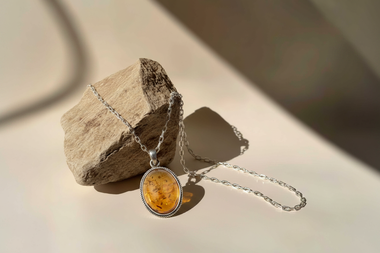 Pendentif ambre argent sur pierre beige